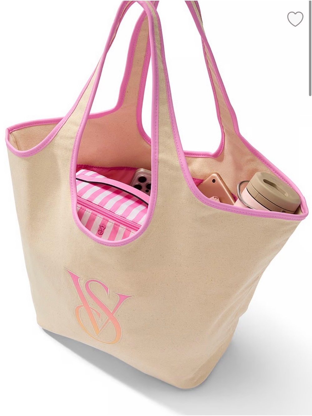 NWT Victoria's Secret Cotton Canvas Beach Tote with Pink Trim and ombre logo VS